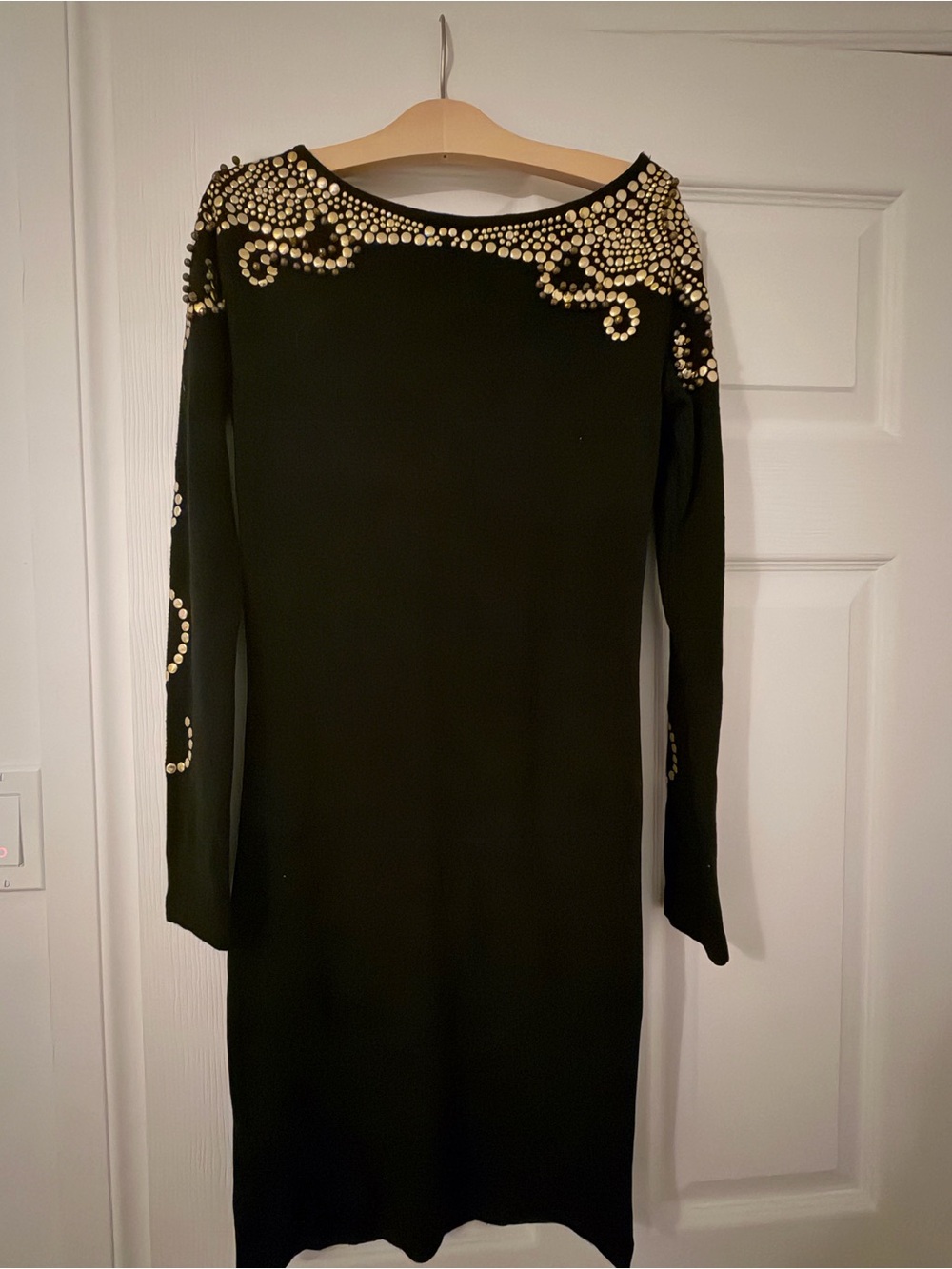 Black Long-Sleeve Knit Dress with Gold Stud Embellishment Ptp is 15